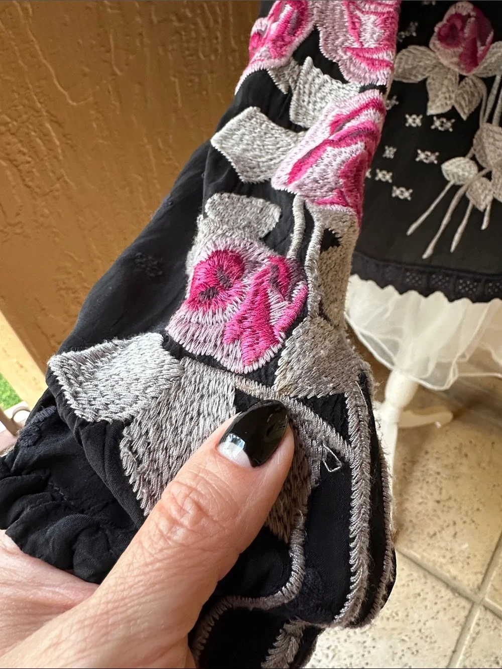 Johnny Was Black Blouse with Pink Rose Embroidery - Picture 4 of 9